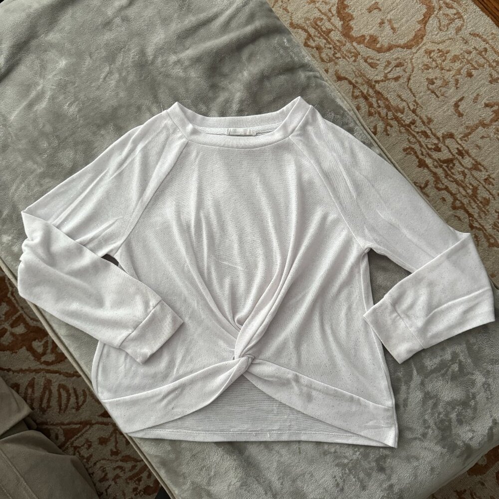 EUC Knit Works Long Sleeve Twist Front White Glitter Top Sz XL